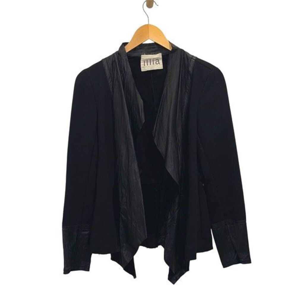 ILLIA Womens Waterfall Front Mixed Media Leather Cardigan Jacket‎ Black Medium